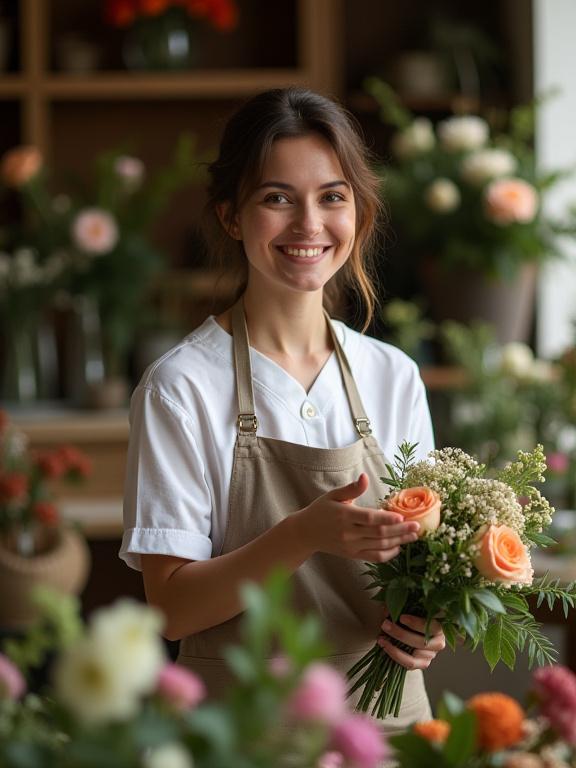 La fiorista di Ali di Petali, sorridente e concentrata, mentre compone un elegante bouquet floreale nel suo negozio accogliente di Trastevere, circondata da vasi e attrezzi.
