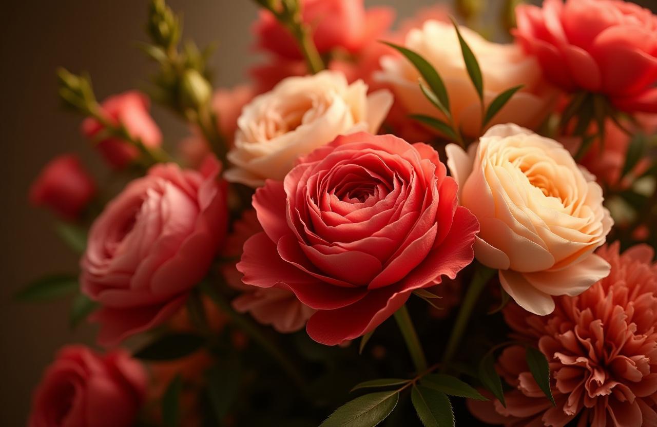 Una sontuosa composizione floreale artistica in primo piano con rose, peonie e fogliame lussureggiante.