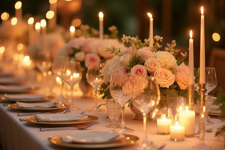 Un tavolo da ricevimento nuziale elegantemente decorato con centrotavola floreali lussureggianti, candele accese e stoviglie raffinate in un ambiente romantico.