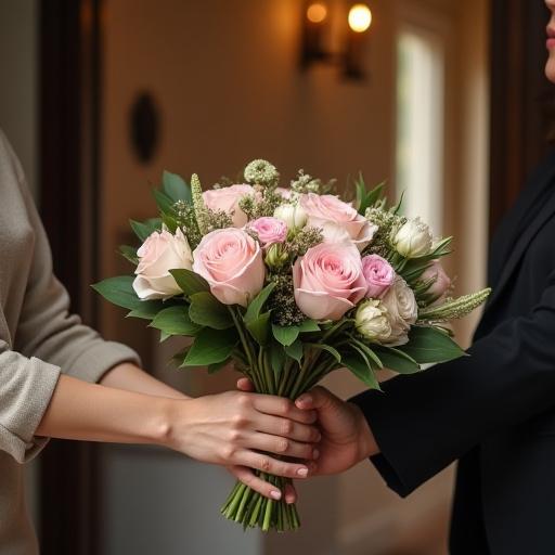 Una persona riceve un elegante bouquet di fiori freschi tramite un servizio di consegna a domicilio, indicando un abbonamento floreale.