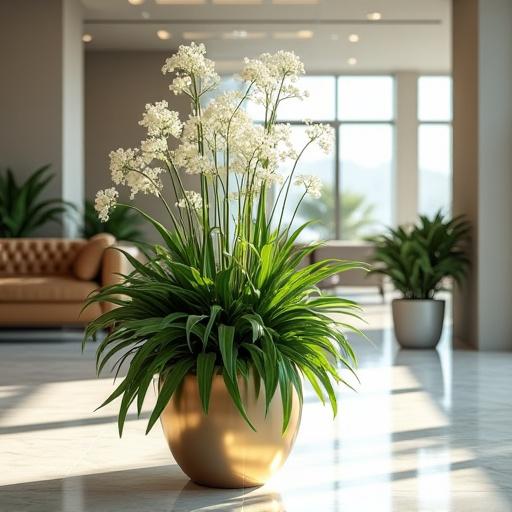 Un'elegante e moderna composizione floreale nella luminosa hall di un ufficio di design, con piante verdi e fiori bianchi.