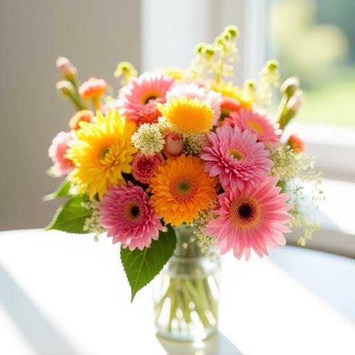 Un bouquet floreale personalizzato con fiori colorati e freschi, appoggiato su un tavolo bianco illuminato dal sole.