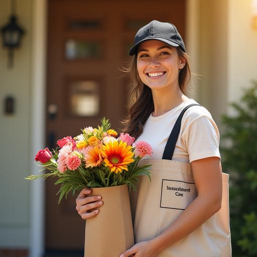 Un fattorino sorridente, con una borsa termica brandizzata, consegna un bellissimo mazzo di fiori all'ingresso di una casa, in una giornata di sole.